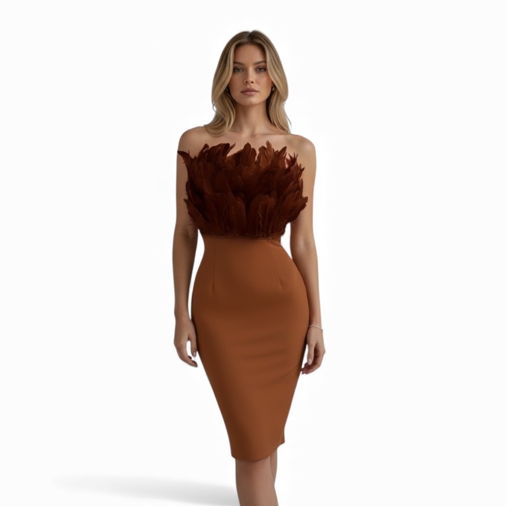 Strapless Feather-Trim Midi Dress in Chestnut